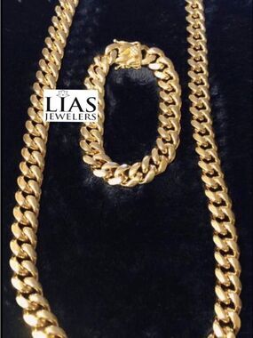 New 18k yellow gold filled Cuban link chain and bracelet set